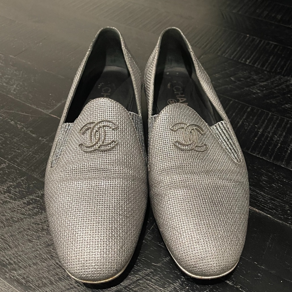 Chanel CC Logo Metallic Loafers Moccasins Size 38